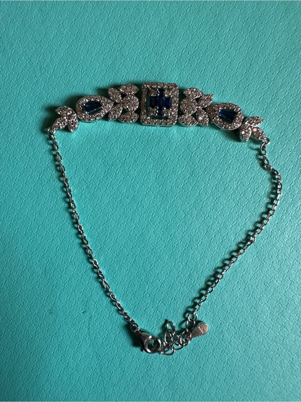 Vintage Deco Inspired Sterling 925 And Untested Blue And Clear Stone Bracelet